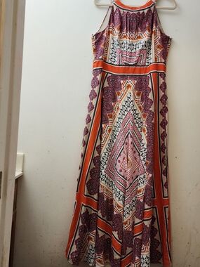 Chico's Maxi Dress Orange Pink Sleeveless Size 2=12/14 Scarf Print Resortwear